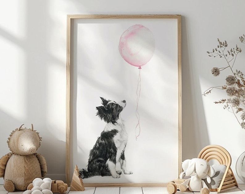Arte de pared de Border Collie, impresión de guardería de perro, decoración de guardería de cachorro, impresión de Border Collie, arte de pared para habitación de niña, arte de guardería lindo, imprimible imagen 1