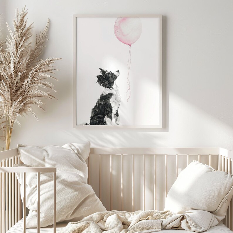 Arte de pared de Border Collie, impresión de guardería de perro, decoración de guardería de cachorro, impresión de Border Collie, arte de pared para habitación de niña, arte de guardería lindo, imprimible imagen 8