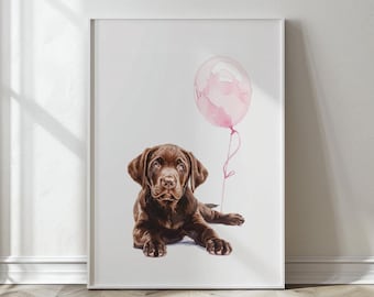 Chocolate Labrador Retriever with pink balloon print, Puppy wall art, Dog nursery print, Girl  Room Wall Art ,Puppy nursery decor,  Printabe