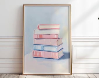 ピンクの本を積み重ねた絵画：カラフルな図書館アートプリント