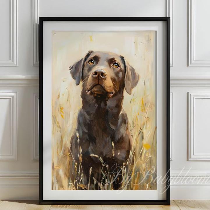 チョコレートラブラドールプリント：素朴な農家の犬の肖像画（デジタル