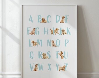 Labrador alfabet print, golden retriever alfabet print, hond alfabet kinderkamer print, puppy ABC poster, kunst aan de muur kinderkamer hond, hond ABC poster