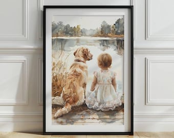 Labrador nursery print, Girl and Dog print, Yellow Labrador Retriever print, Puppy watercolor print, Dog nursery wall art, Kid room decor