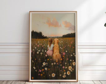 May include: A painting of a girl and a golden retriever sitting in a field of wildflowers. The girl is wearing a pink dress and the dog is looking at the girl. The background is a sunset sky.