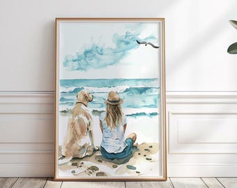 Yellow Labrador Beach Print: Girl and Dog Watercolor Art (Digital Download)