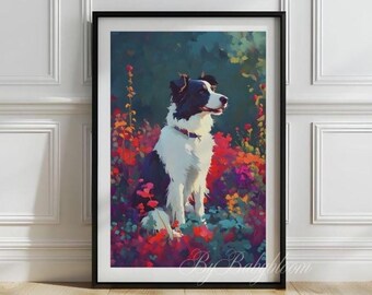 以下が含まれることがあります： カラフルな花の中に座っているボーダーコリー犬を描いた額入りのアートプリント。犬は白と黒の毛並みで、首輪をしています。アートワークは絵画風で、鮮やかな赤、紫、緑が使われています。