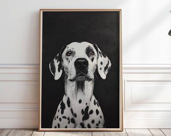 May include: A black and white Dalmatian dog with brown eyes stares directly at the camera. The dog is against a black background.