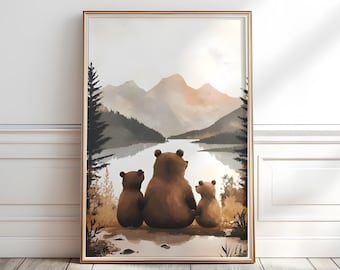 Bear Family Nursery Print: Woodland Animals Forest Scene (Digital Download