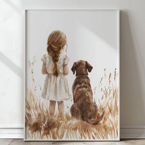 Schokoladen Labrador Retriever Kinderzimmer Druck, Mädchen und Hund Druck, Welpe Aquarell Wandkunst, Hund Kinderzimmer Wandkunst, Mädchenzimmer Dekor, bedruckbar