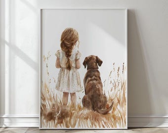 Stampa per cameretta Labrador Retriever color cioccolato, stampa per bambina e cane, stampa murale con acquerello di cuccioli, stampa murale per cameretta di cani, decorazioni per cameretta di bambine, stampabile