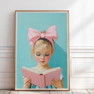 Little blonde girl reading book painting, Girl reading a book print, Book Lover Wall Art, Pastel Girly Reading Nook print,Library art ,P#155