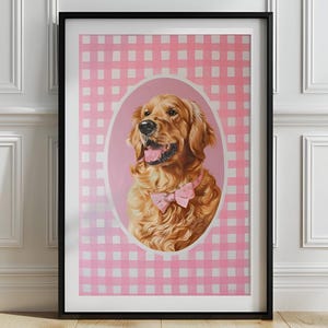 Golden Retriever Nursery Print For Baby Girl, Dog Pink Gingham Background Nursery Wall Art, Cottagecore Golden Retriever Nursery Decor, P828