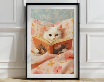 White Cat Reading Book Print: Cozy Nursery Art (Digital Download)