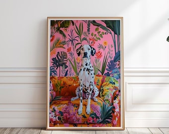 May include: A Dalmatian dog sits on a floral patterned couch against a pink background with tropical plants and flowers. The dog is looking directly at the viewer.