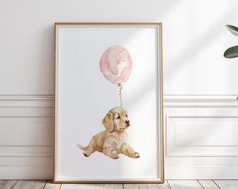 Impresión de Labrador Retriever, Labrador amarillo de acuarela con globo rosa, impresión de guardería de perro, arte de pared para habitación de niñas, decoración de guardería de cachorros, P #26