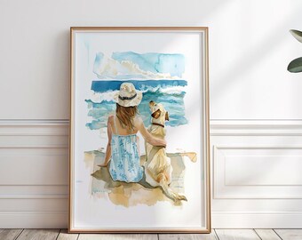 Yellow Labrador Retriever on the beach print, Girl and Dog  wall art, Gift for Dog Lovers, Watercolor Labrador, Digital Download, P #17