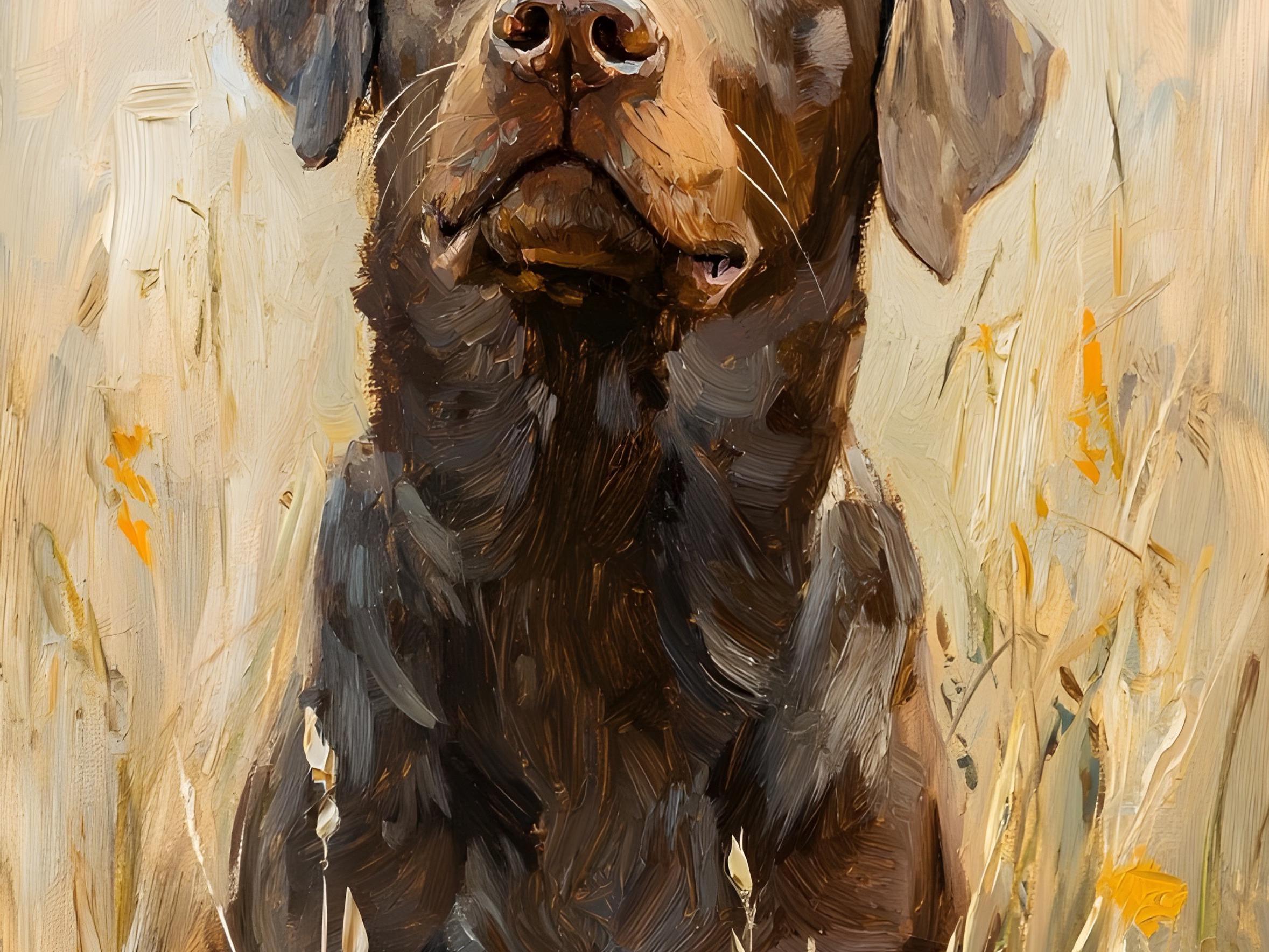 チョコレートラブラドールプリント：素朴な農家の犬の肖像画（デジタル