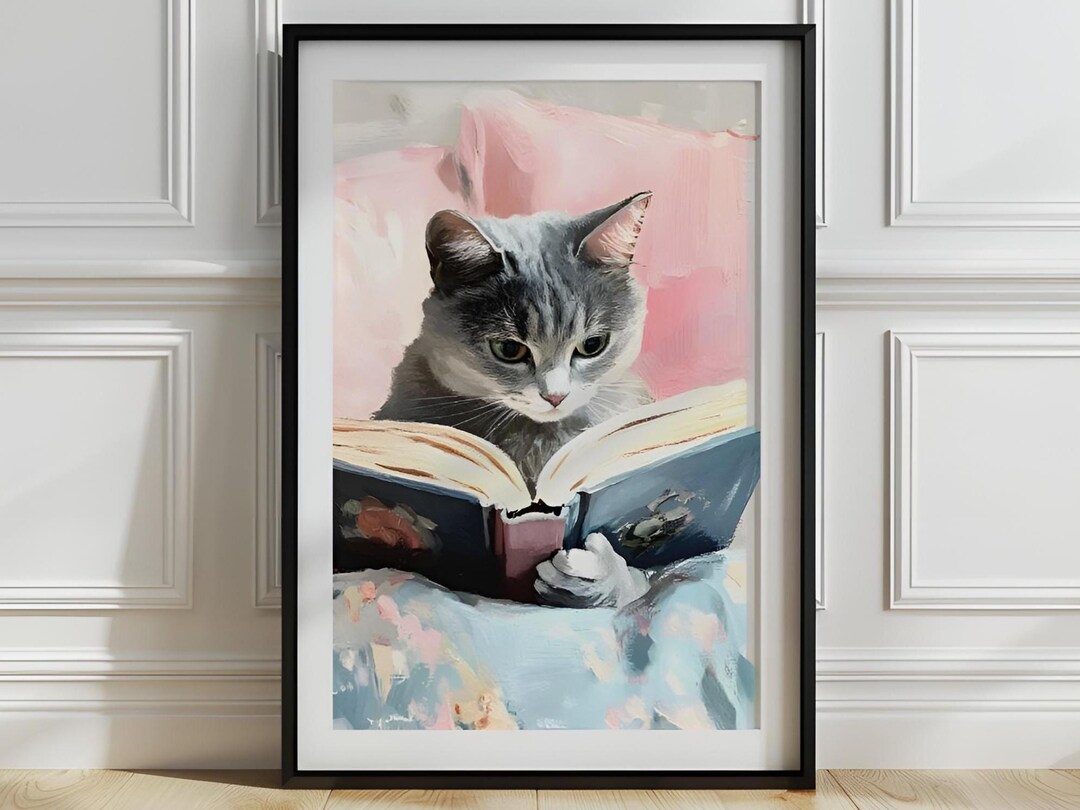グレーの猫が読書する絵本アート：気まぐれな保育園のプリント