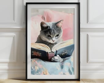May include: A framed print depicting a grey and white cat reading a book. The cat is the central figure, set against a backdrop of soft pink and blue hues. The artwork is rendered in a painterly style, with visible brushstrokes.
