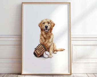 Golden Retriever baseball print, Puppy Baseball wall art, Baseball nursery Art, Dog Playing baseball, Baseball poster,Digital Download,P#194