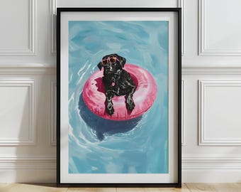 Funny Labrador in Pool Print: Summer Dog Art (Digital Download
