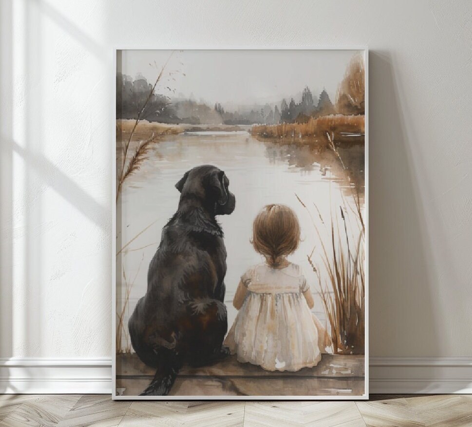 Labrador Retriever nursery print, Girl and Dog  wall art, Dog nursery wall art, Kid room decor, Watercolor labrador, Black Labrador,Download