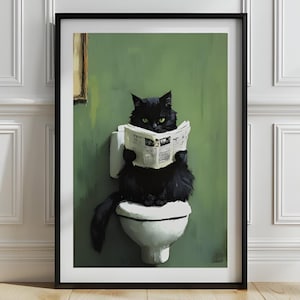 Black Cat Bathroom Art, Green Toilet Cat Poster, Black Cat Funny Toilet Print, Cat Toilet Humor Printable Art, Bathroom Decor Cat Art,  P788