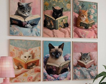 Cat Reading Book Prints: Cozy Nursery Wall Art (Digital Download Set of 6)