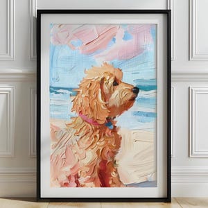 Goldendoodle Beach Wall Art, Pastel Goldendoodle Print, Goldendoodle Ocean View, Nursery Doodle Print, Dog Watching Sunset, Doodle gift,P662