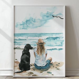 Black Labrador Retriever on the beach print, Girl and Dog  wall art, Gift for Dog Lovers, Watercolor Labrador at the beach, Digital Download