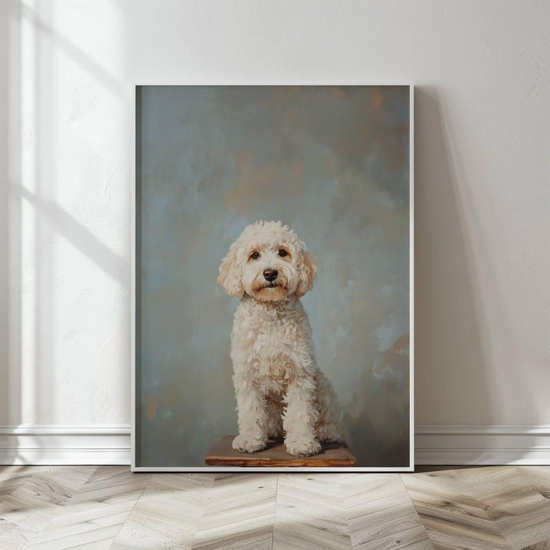 May include: A painting of a white dog with brown eyes sitting on a wooden platform against a light blue background.