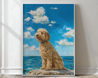 May include: A golden brown dog with a white chest sits on a rock overlooking a blue ocean with white clouds in the sky.