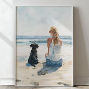 Black Labrador Retriever on the beach print, Girl and Dog  wall art, Gift for Dog Lovers, Watercolor Labrador at the beach, Digital Download