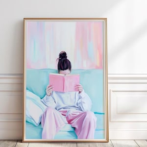 Girl reading a book painting, Woman reading book art print, Book Lover Wall Art, Pastel Reading Nook print, Colorful Digital Download,P#86