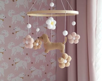Dachshund Baby Mobile, Dachshund Nursery Decor, Dog Mobile Nursery, Dachshund Crib Mobile, Dog Cot Mobile for Girl, Custom Dog Mobile, P#620