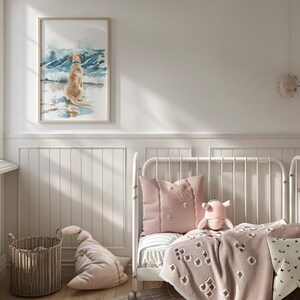 May include: A white metal bed frame with a pink knitted blanket and a pink pillow. A stuffed animal sits on the bed. A watercolor painting of a dog on the beach hangs on the wall.