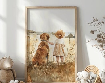 May include: A watercolor painting of a girl in a straw hat walking with a brown dog in a field of tall grass.