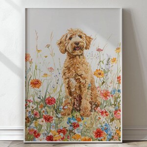May include: A watercolor painting of a golden doodle dog sitting in a field of colorful wildflowers. The dog is looking directly at the viewer with a happy expression.