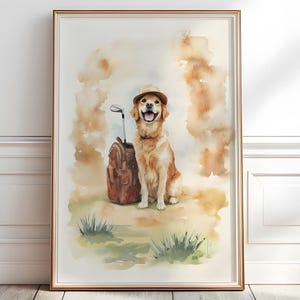Golden Retriever golf print, Golden Retriever portrait, Vintage dog Golfing Wall Art, Watercolor golf print, Golden Retriever gift,P444