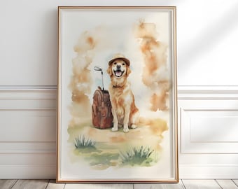 Golden Retriever Golf Art Print: Vintage Dog Portrait (Digital Download