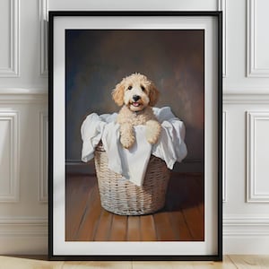 Goldendoodle Laundry Room Printable Art, Cute Puppy in Basket Print, Funny Laundry Decor,  Cozy Laundry Poster, Bathroom Doodle Dog Art,P806