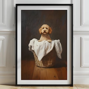 Goldendoodle Laundry Room Printable Art, Cute Puppy in Basket Print, Funny Laundry Decor,  Cozy Laundry Poster, Bathroom Doodle Dog Art,P807