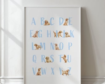 Labrador alfabet print, golden retriever alfabet print, hond alfabet kinderkamer print, puppy ABC poster, kunst aan de muur kinderkamer hond, hond ABC poster