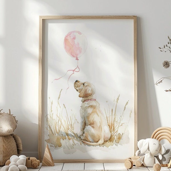 Labrador Retriever print, Puppy wall art, Dog nursery print, Girls Room Wall Art ,Puppy nursery decor, Labrador with Pink Balloon, Printabe