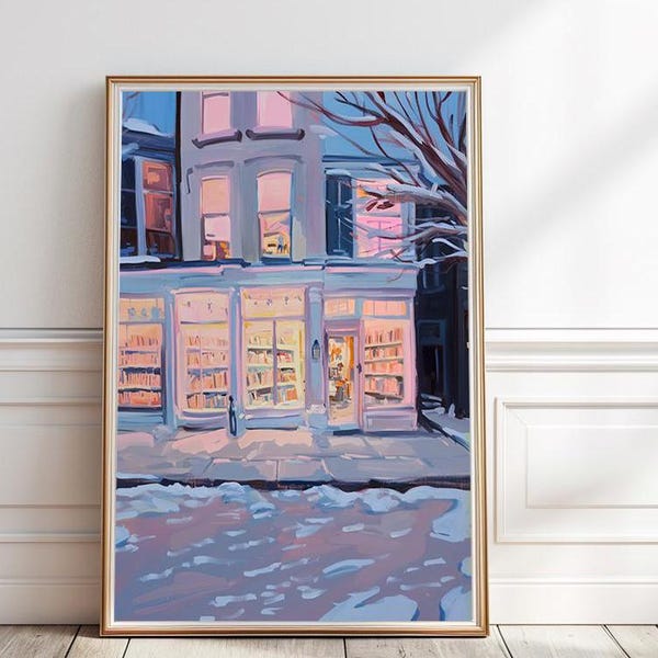 Winter Bookshop Wall Art, Pastel Reading Nook Print, Cozy Bookish Art, Warm Book Store Printable, Book Lover Gift, Library Artwork,P#153