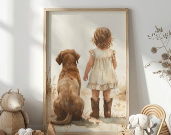 Stampa per cameretta Labrador Retriever, stampa per bambina e cane, acquerello di cucciolo, decorazione murale per cameretta cani, decorazioni per cameretta bambini, stampa Labrador cioccolato