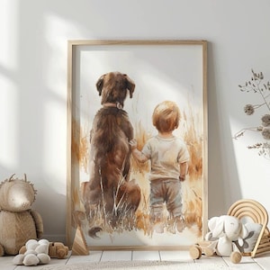 Labrador Retriever nursery print, Boy and Dog  print, Chocolate labrador Watercolor,Toddler room decor, Dog nursery wall art ,Print Download