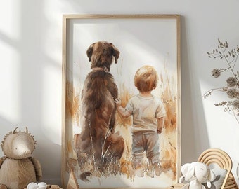 Labrador Retriever nursery print, Boy and Dog  print, Chocolate labrador Watercolor,Toddler room decor, Dog nursery wall art ,Print Download