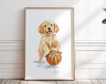 Golden Retriever Basketball Nursery Print, Puppy Playing Basketball, Sports nursery Print, Basketball Nursery Decor, Toddler Wall Art, P#173