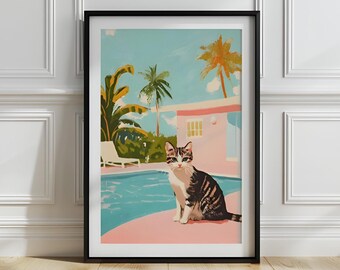 Retro Cat Pool Print: Mid Century Modern Summer Vibes (Digital Download